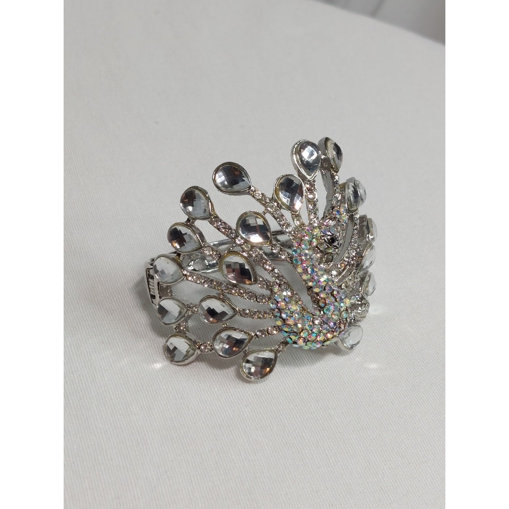 Silver Peacock Rhinestone Cuff Bracelet Clear Crystal Wide Statement Bangle New